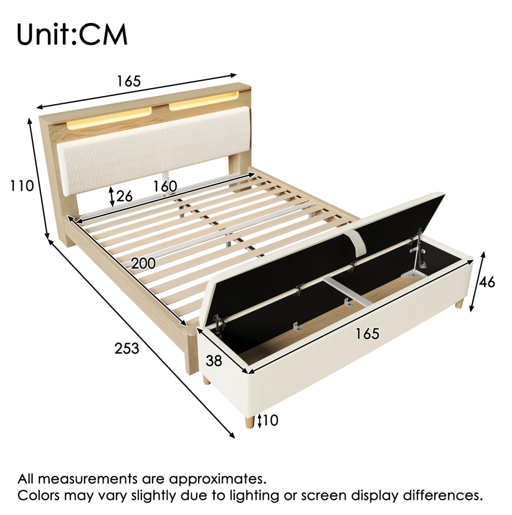 Letto 160x200 cm con LED e contenitore in legno e velluto a coste beige