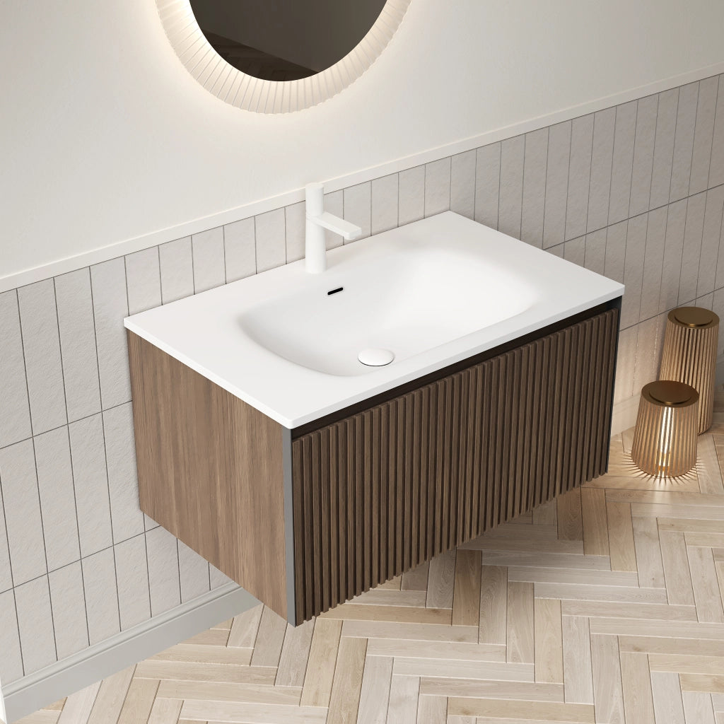 Mobile bagno sospeso con lavabo integrato e cassetto con chiusura ammortizzata; rovere marrone; 80×46×41.8 cm