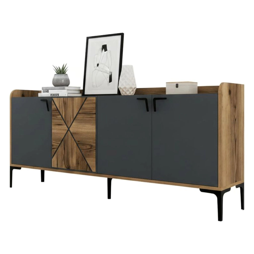 Credenza Also, Credenza da soggiorno, Armadio basso per TV, Base parete attrezzata, 180x35h78 cm, Noce e Antracite