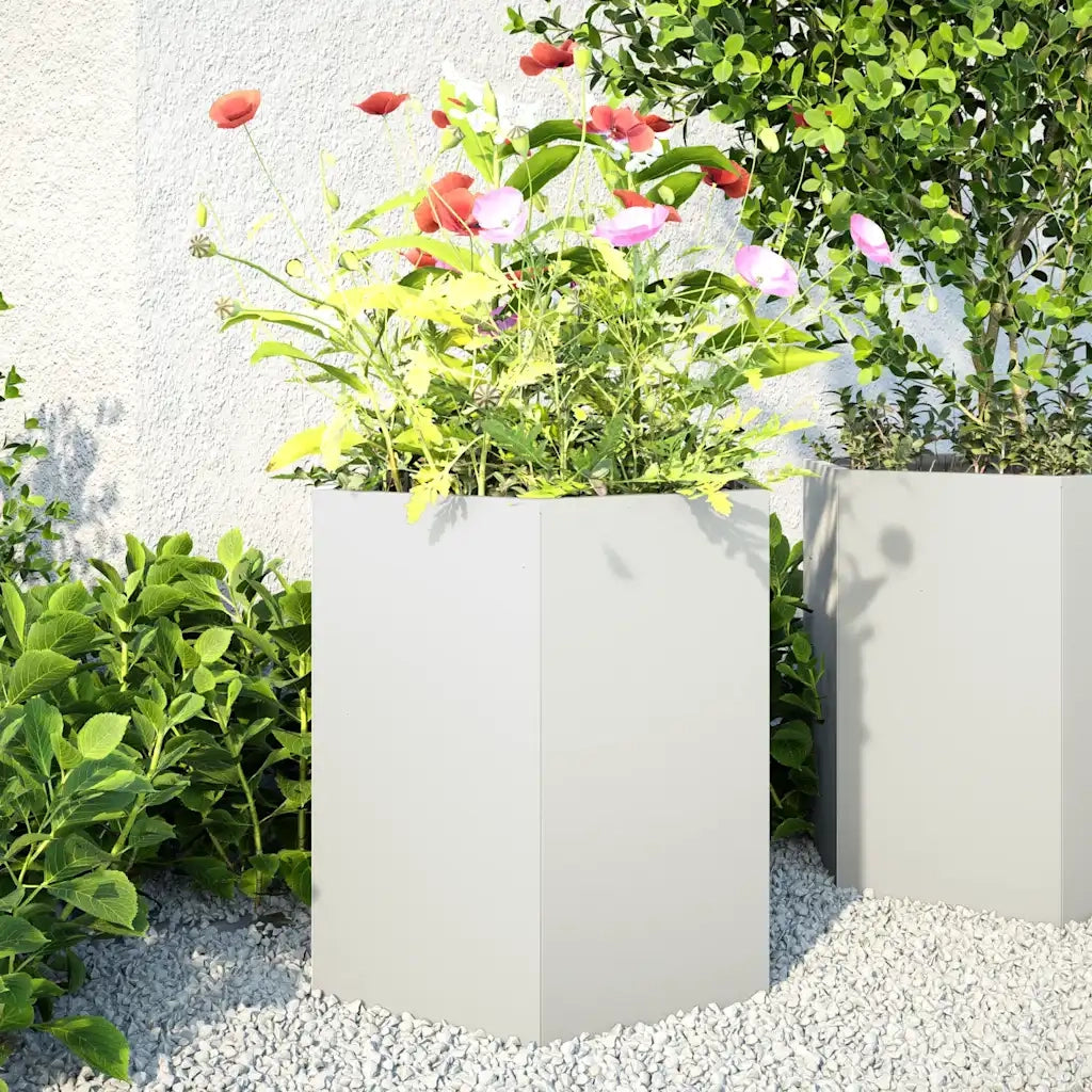 2 pz Fioriere | Cassetta per fiori | Vaso da Giardino Esagono Bianco 46x40x45 cm Acciaio
