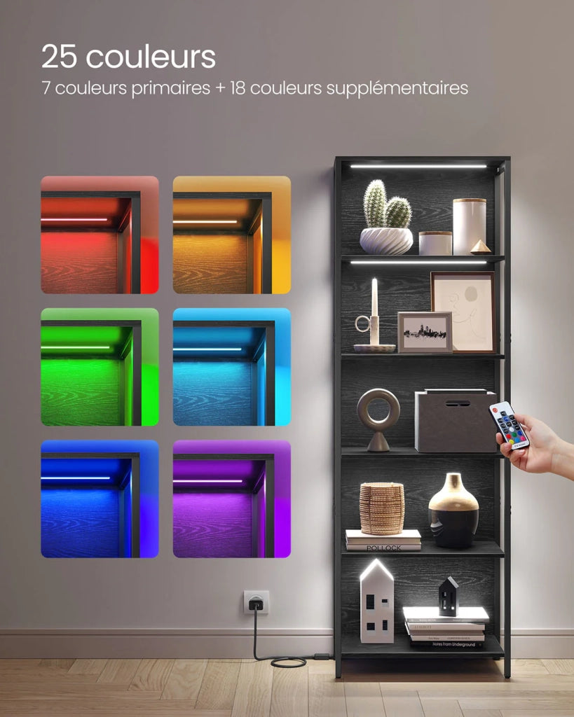 Libreria a LED a 6 ripiani con luce regolabile unità di archiviazione con struttura in acciaio 303 x 60 x 178,6 cm per soggiorno camera da letto ufficio nero 12_0004274