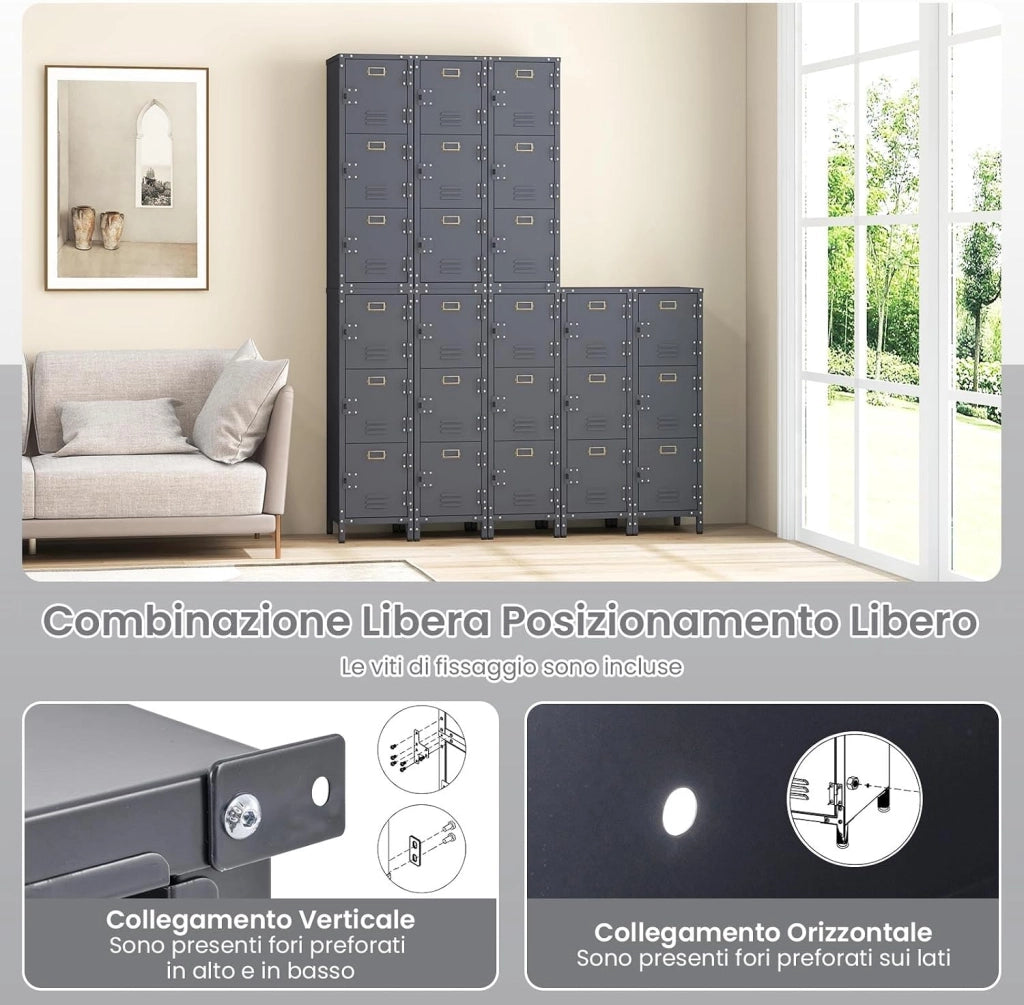 Armadio in Metallo con 3 Porte Chiudibili, Piedini Regolabili, Dispositivo Anti-Ribaltamento, Armadietto Verticale a 3 Ripiani per Casa, Ufficio, Scuola e Garage, 30 x 35 x 100 cm