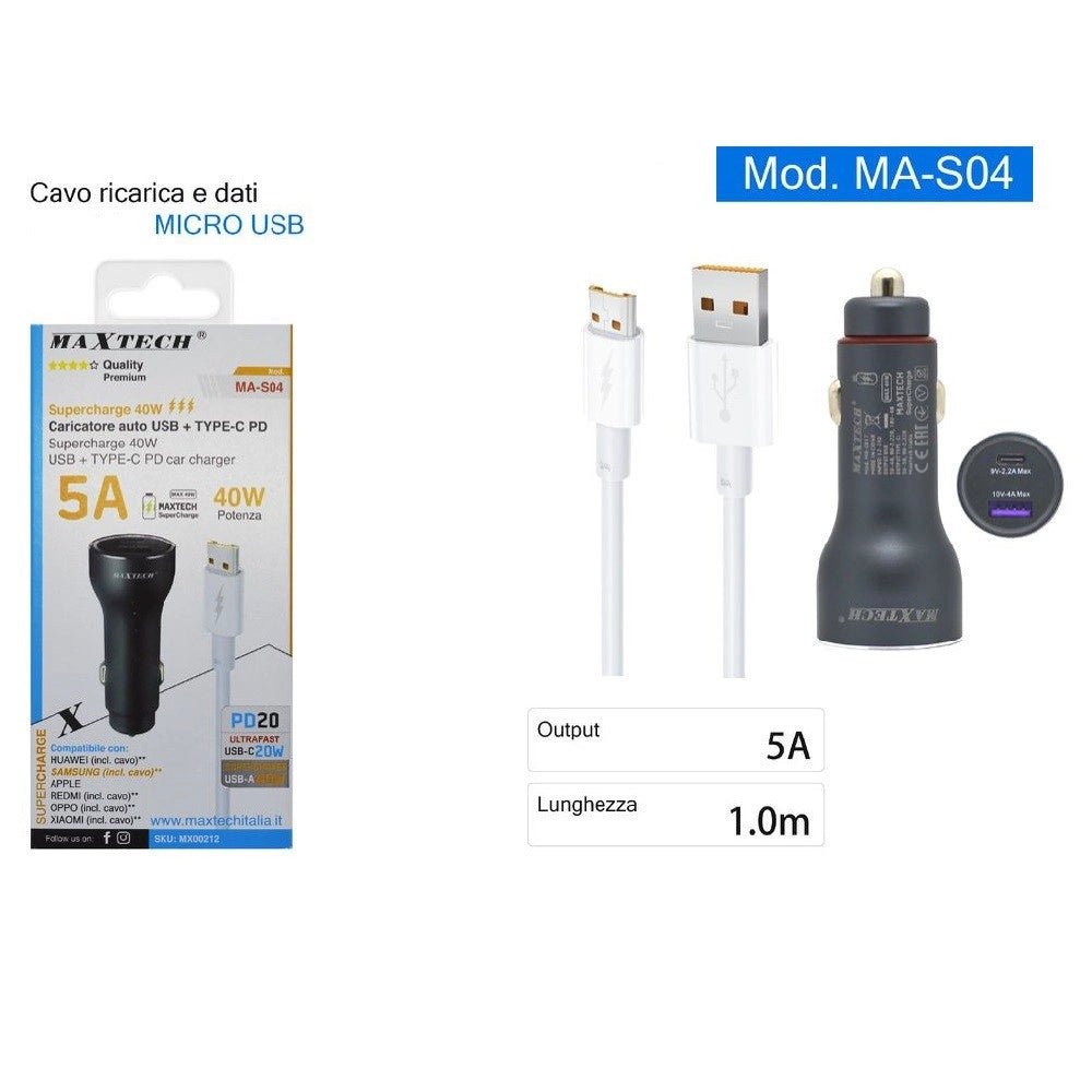 Trade Shop - Kit Caricatore Auto Usb Ricarica Rapida 40 W 5a Cavo Dati Micro Usb 1 Mt Ma-s04 -