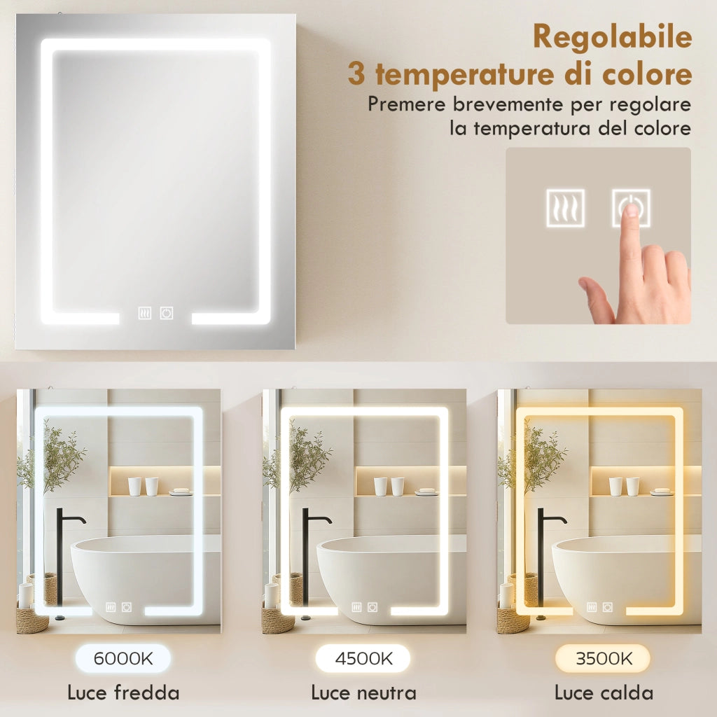Armadietto Bagno con Specchio 50x15x60 cm Luce LED Regolabile e Sistema Antiappannamento in MDF Bianco