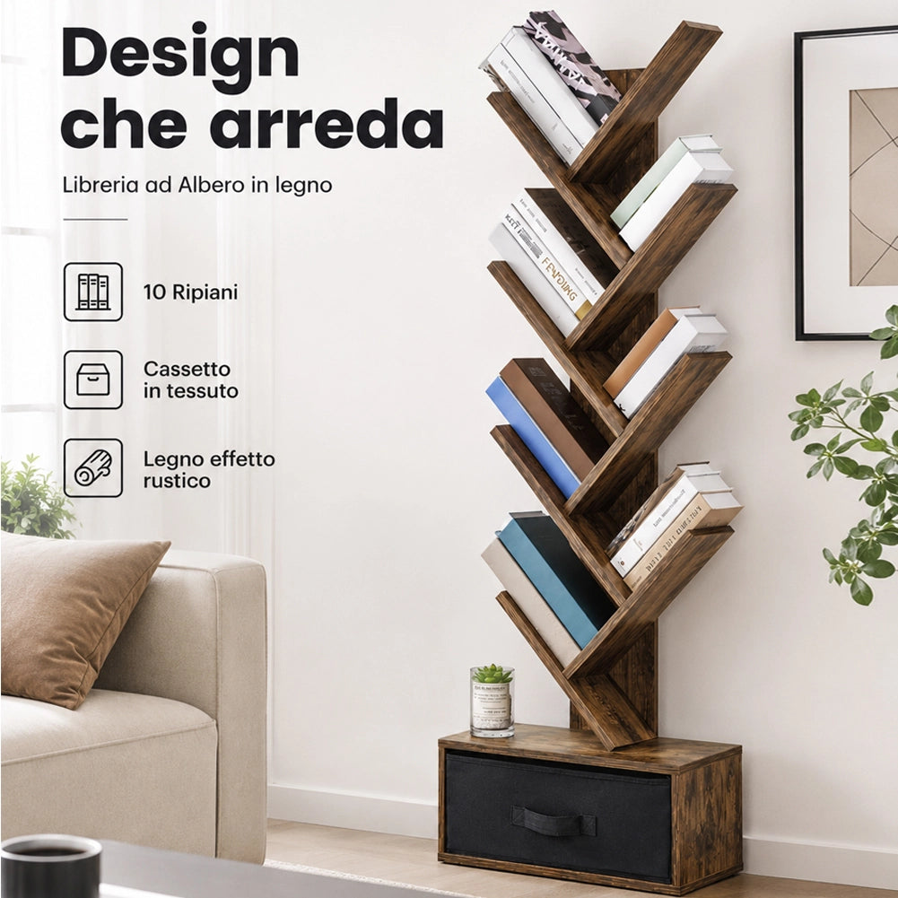 Libreria Design Moderno Industriale Scaffale 10 Ripiani con Cassetto Tessuto