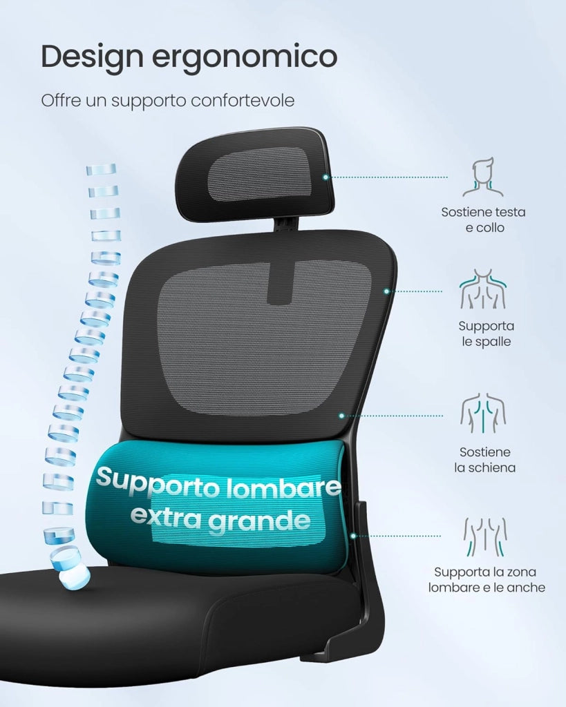 SONGMICS Sedia Ergonomica da Ufficio, Sedia Computer, Tessuto Rete a Doppio Strato, Braccioli Sollevabili, Supporto Lombare Adattabile, Poggiatesta Regolabile, per Studio, Nero Inchiostro OBN041B01