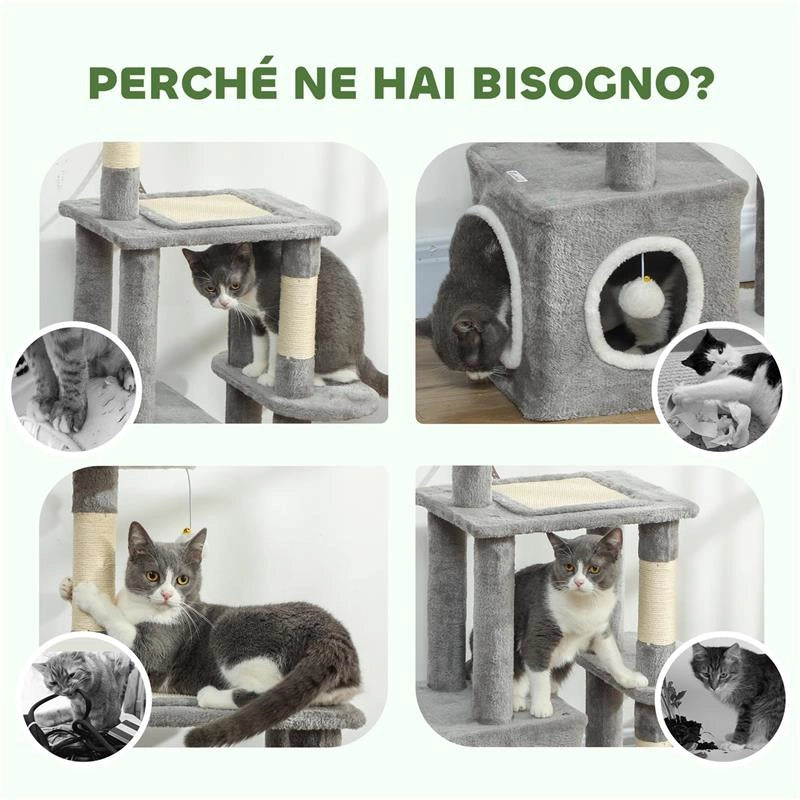 ALBERO TIRAGRAFFI PER GATTI CON CASETTA, LETTINO E 2 PALLINE, IN LEGNO E PELUCHE, 55X40X107 CM, GRIGIO E BIANCO