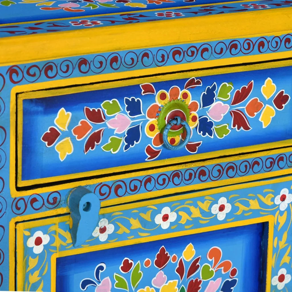 Comodino in Legno Massello di Mango Turchese Dipinto a Mano 244834