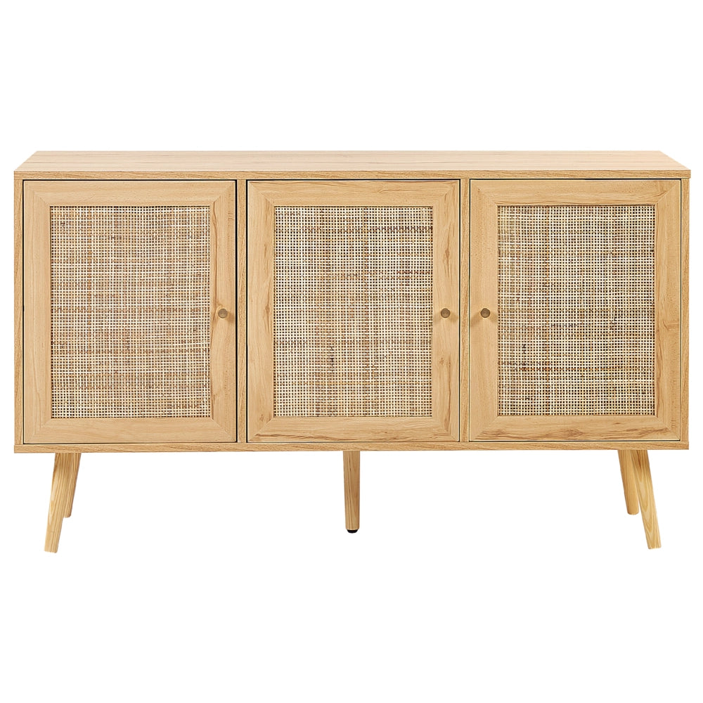 Credenza con 3 ante in rattan in colore marrone chiaro stile boho soggiorno camera da letto