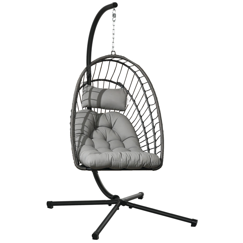 Poltrona Sospesa in Rattan PE con Cuscino, Seduta Pieghevole e Struttura in Acciaio, Grigio