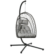 Poltrona Sospesa in Rattan PE con Cuscino, Seduta Pieghevole e Struttura in Acciaio, Grigio