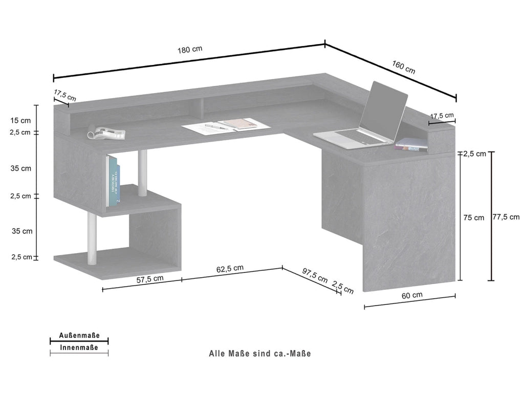 Scrivania Angolare a Giorno 181x160x60x92,5h cm Esse Report Grigio