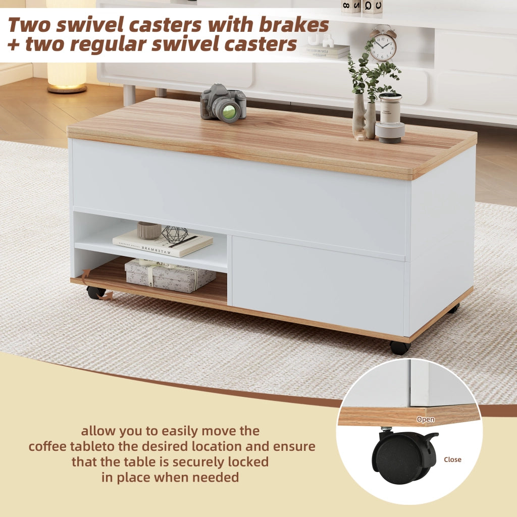 Tavolino da caffè alzabile con 1 cassetto; 1 anta; 2 vani e ruote per soggiorno; 100 × 98 × 65 cm; bianco