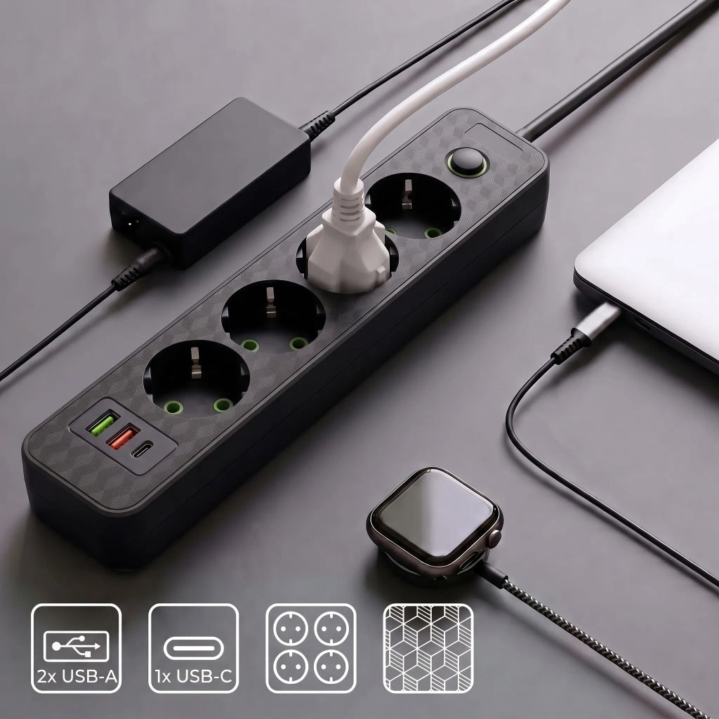 Multipresa Con Prolunga, 4 Prese + 2 Porte Usb-a + Usb-c Jnh021-4a Black