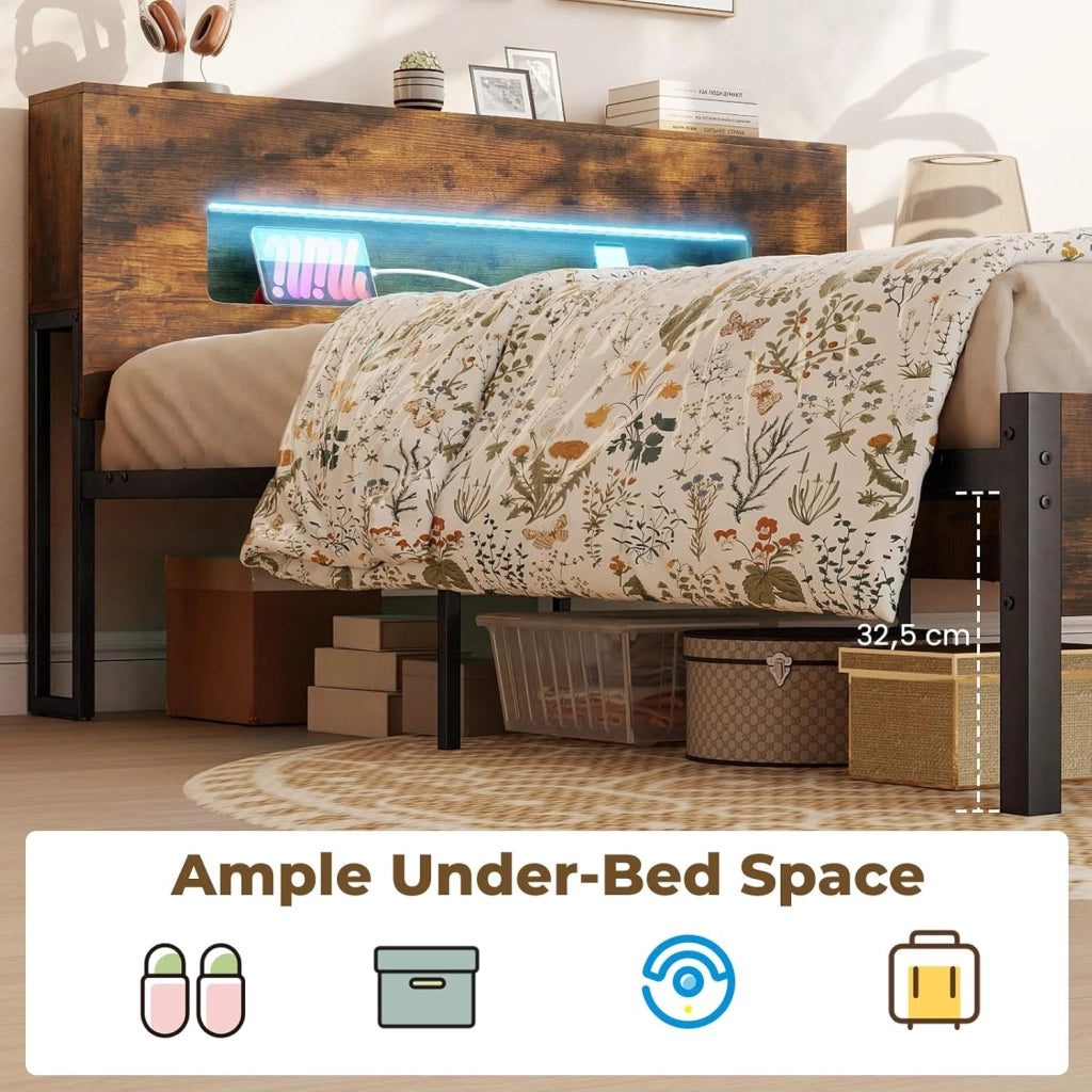 Telaio letto con vano portaoggetti, 200 x 140 cm, letto matrimoniale con prese elettriche, illuminazione a LED e doghe in metallo, senza materasso, marrone