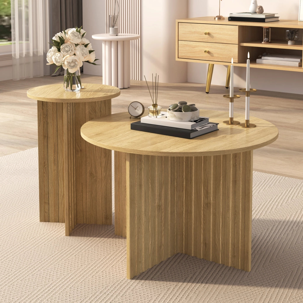 Tavolini da Salotto Rotondi Impilabili; Design Salvaspazio per Soggiorno; MDF e Pannelli di Particelle; Naturale