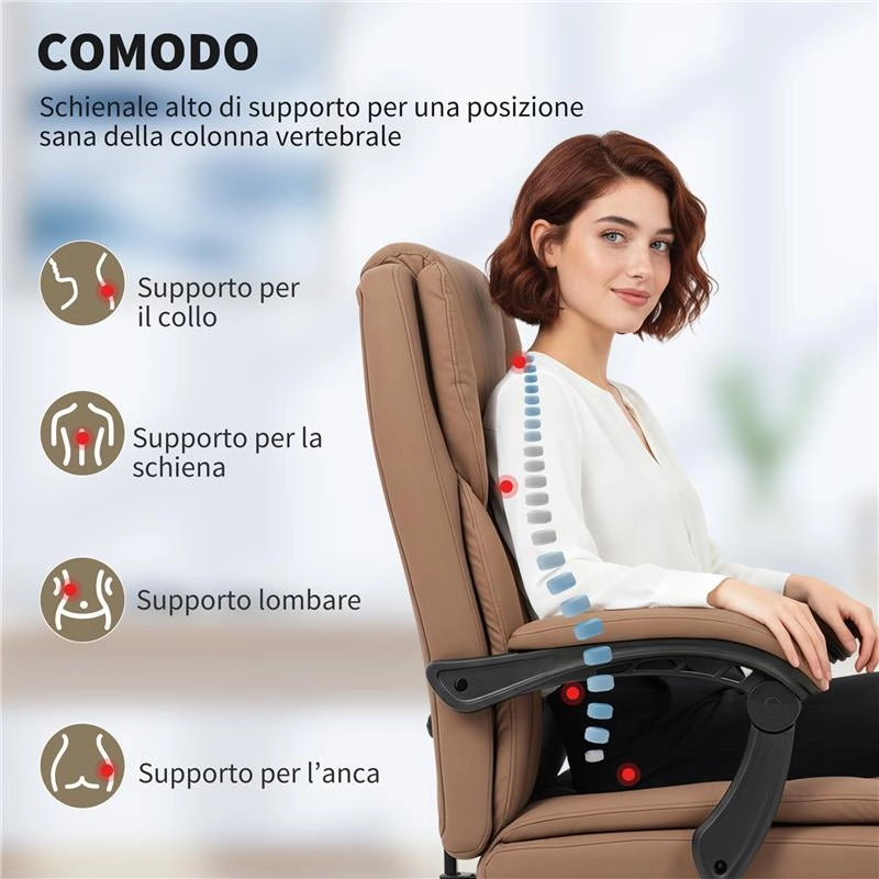 SEDIA DA UFFICIO RECLINABILE IN FINTA PELLE CON POGGIAPIEDI E ROTELLE, 65X67X111-119 CM, MARRONE