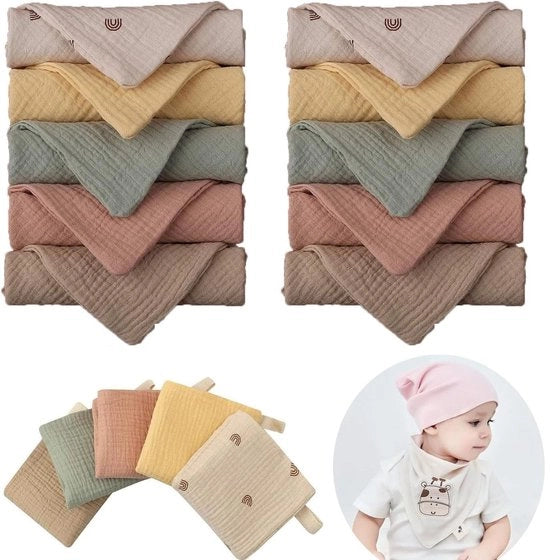 Mousseline Handdoeken per Bambino 10 Stuks - Baby Handdoek con Cappuccio - 23 x 23 cm - 100% Cotone - Leggero e Spesso - Elevata Assorbimento Acqua