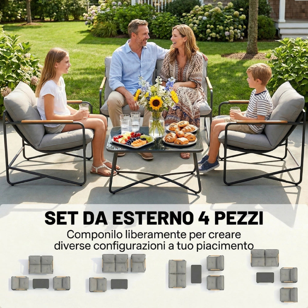 Salotto da Giardino 4 Posti con Divanetto 2 Posti e 2 Poltrone con Cuscini, Grigio Chiaro