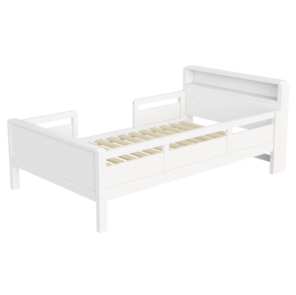Letto per bambini 90x200 cm con LED; presa USB e Tape-C; testiera con ripiano in legno bianco