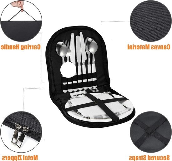 Set di Cucina Portatile in Acciaio Inossidabile per Campeggio con Organizzatore per 2 Persone, 12 Articoli