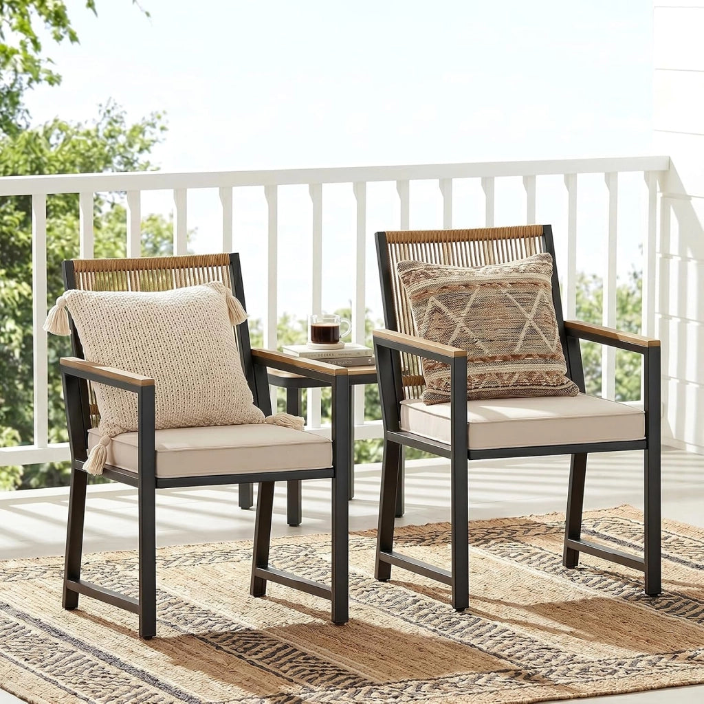 Set di 4 sedie da giardino in rattan, resistenti alle intemperie, con braccioli in WPC, sedie per esterni con cuscino rimovibile, sedie da pranzo in metallo, portata fino a 160 kg, per