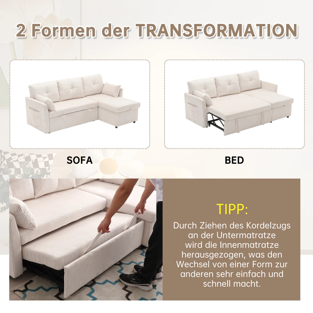 DIVANO LETTO Modulare 206x108x66-88 cm Corduroy Beige con contenitore