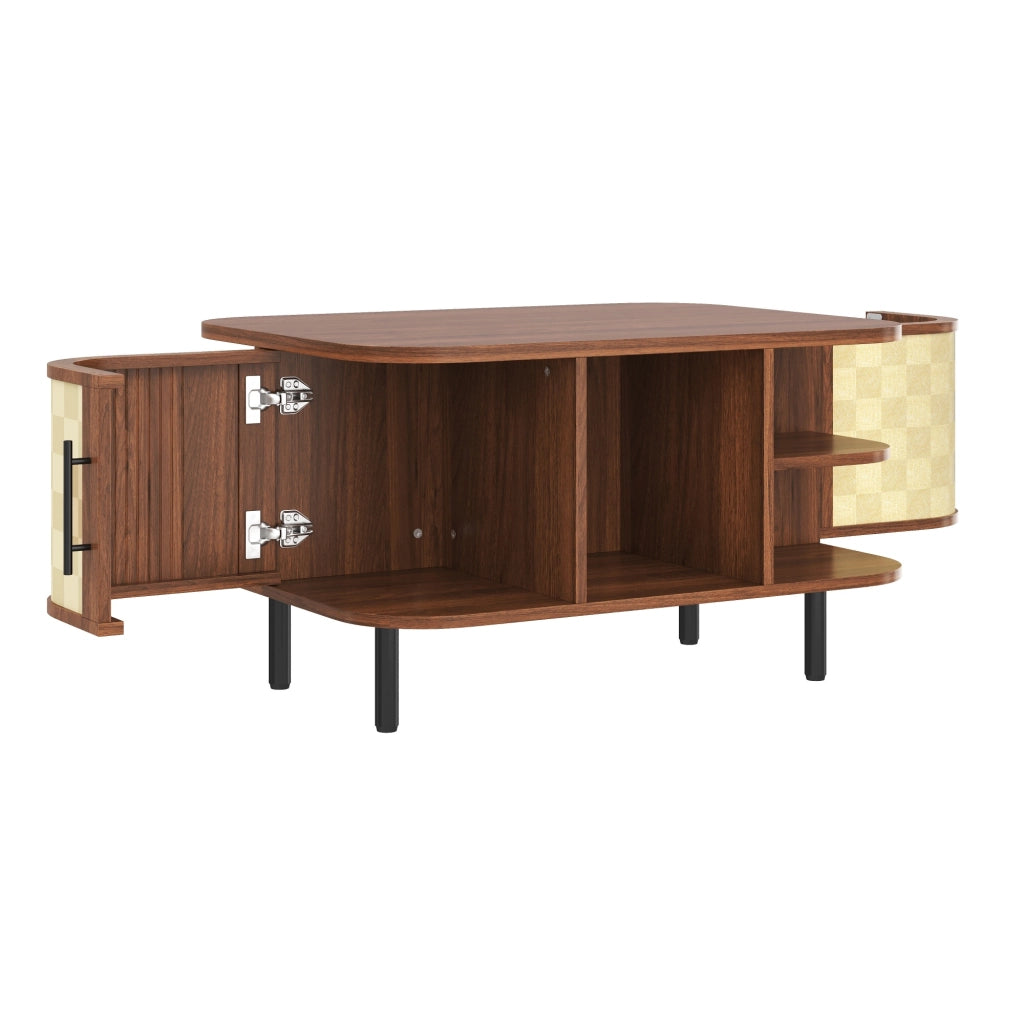 Tavolino basso con forma curva, vani aperti e scomparti laterali, in MDF e metallo, noce, 80 × 60 × 47 cm