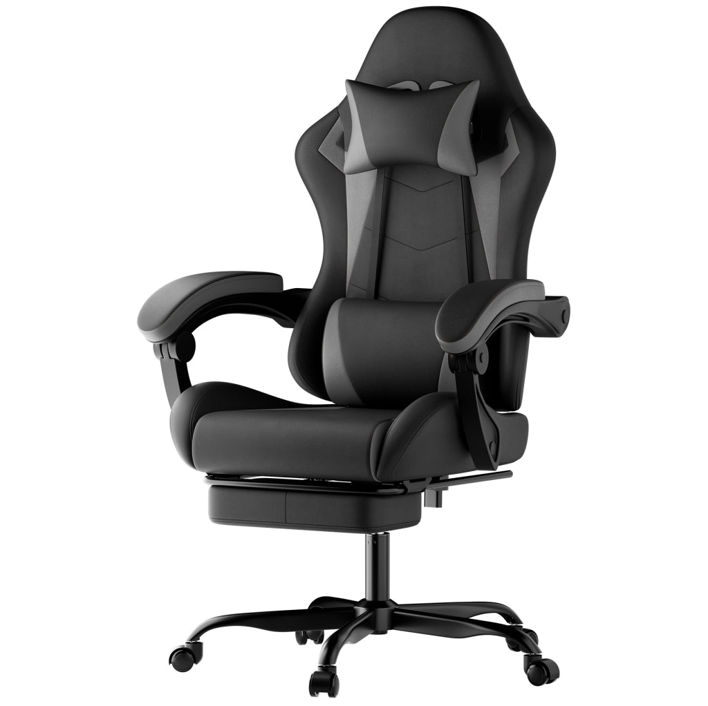 Sedia da gaming ergonomica reclinabile con poggiatesta; supporto lombare e poggiapiedi; nero/grigio
