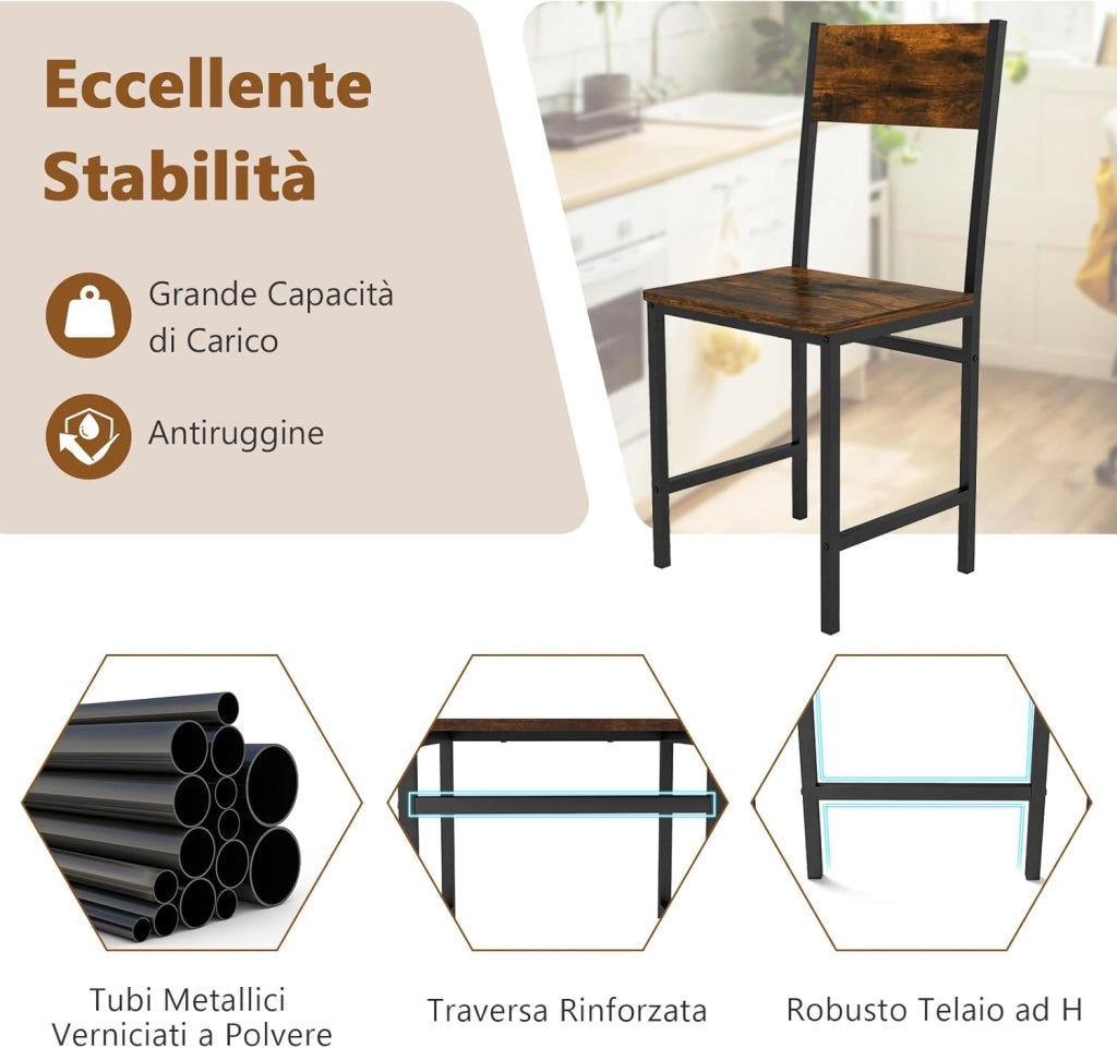 Set 2 Sedie Sala da Pranzo 44 x 40 x 87cm, Sedie Industriali con Gambe in Metallo, Venatura del Legno Rustico e Schienale Inclinato per Cucina, Soggiorno e Ristorante, Marrone e Nero