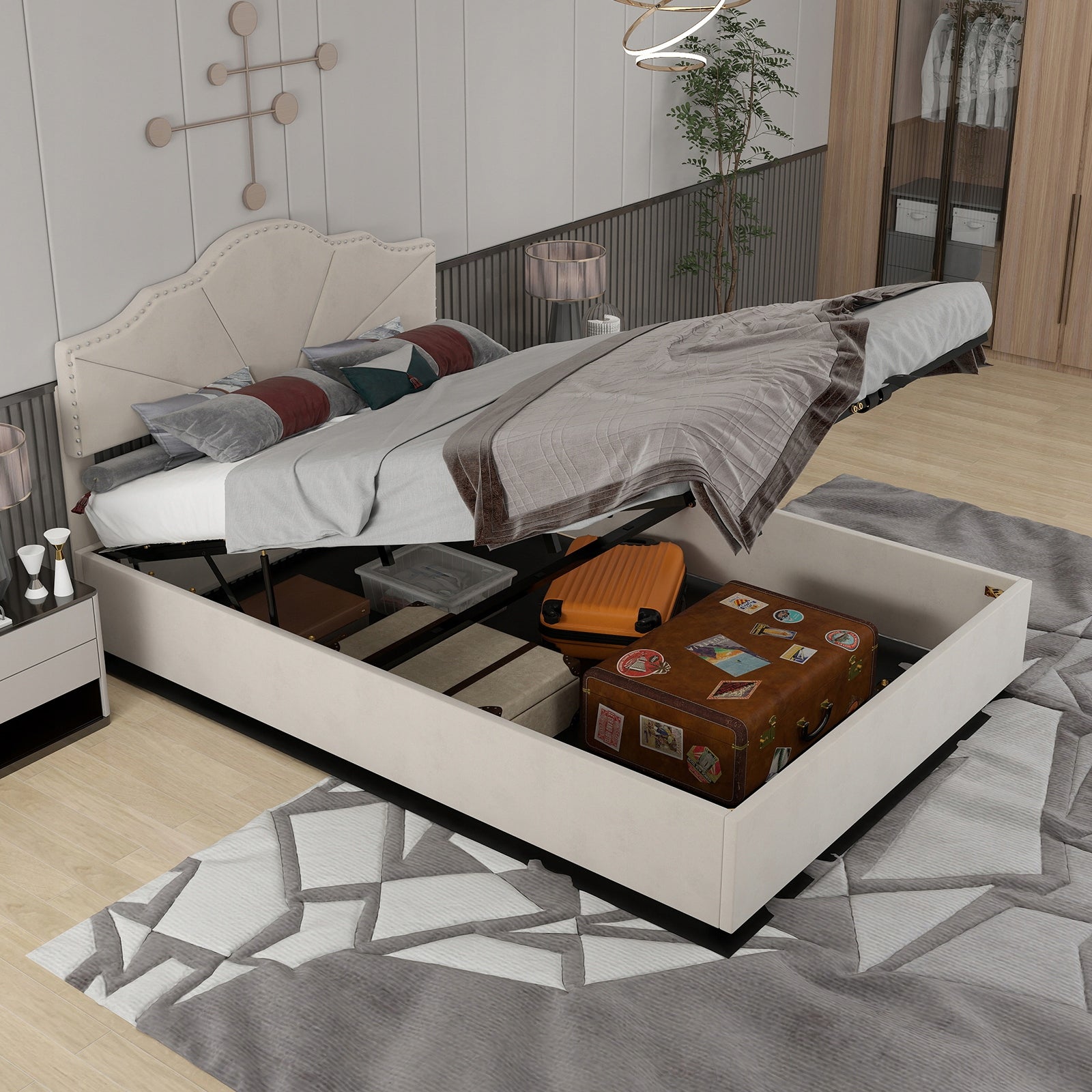 Letto imbottito 140x200 beige - Xylo - con struttura sollevabile