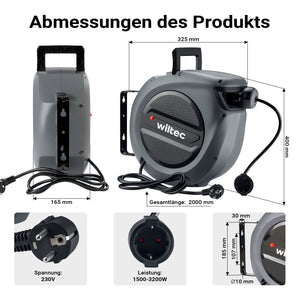 Avvolgicavo elettrico automatico 20 m + 2 m, avvolgitore cavo automatico 1500 - 3200 W, prolunga elettrica avvolgibile con staffa a 180°