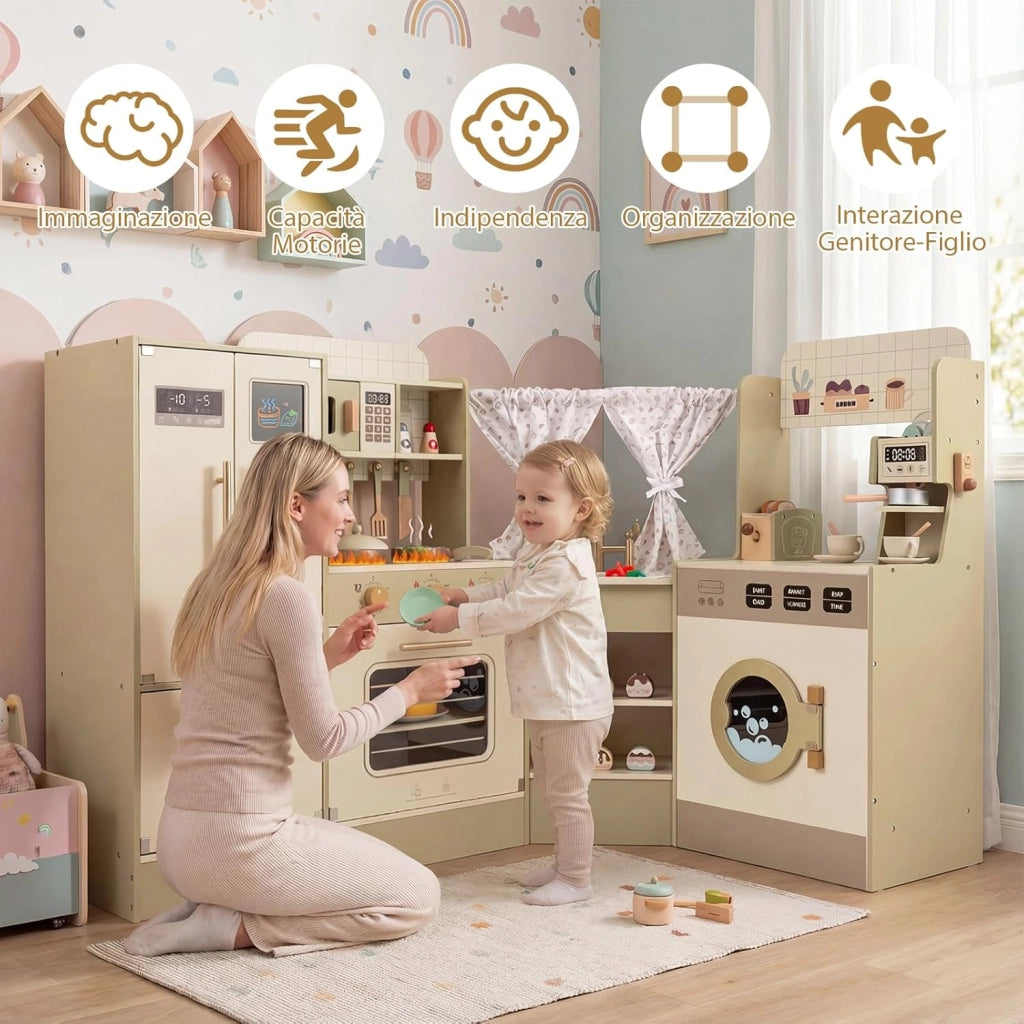 Cucina Giocattolo d'Angolo per Bambini, Cucina Gioco in Legno con Forno, Tostapane, Macchina del Caffè, Frigorifero e 21 Accessori, Gioco Educativo per Bambini 3+ Anni, 146,5 x 54 x 85,5 cm