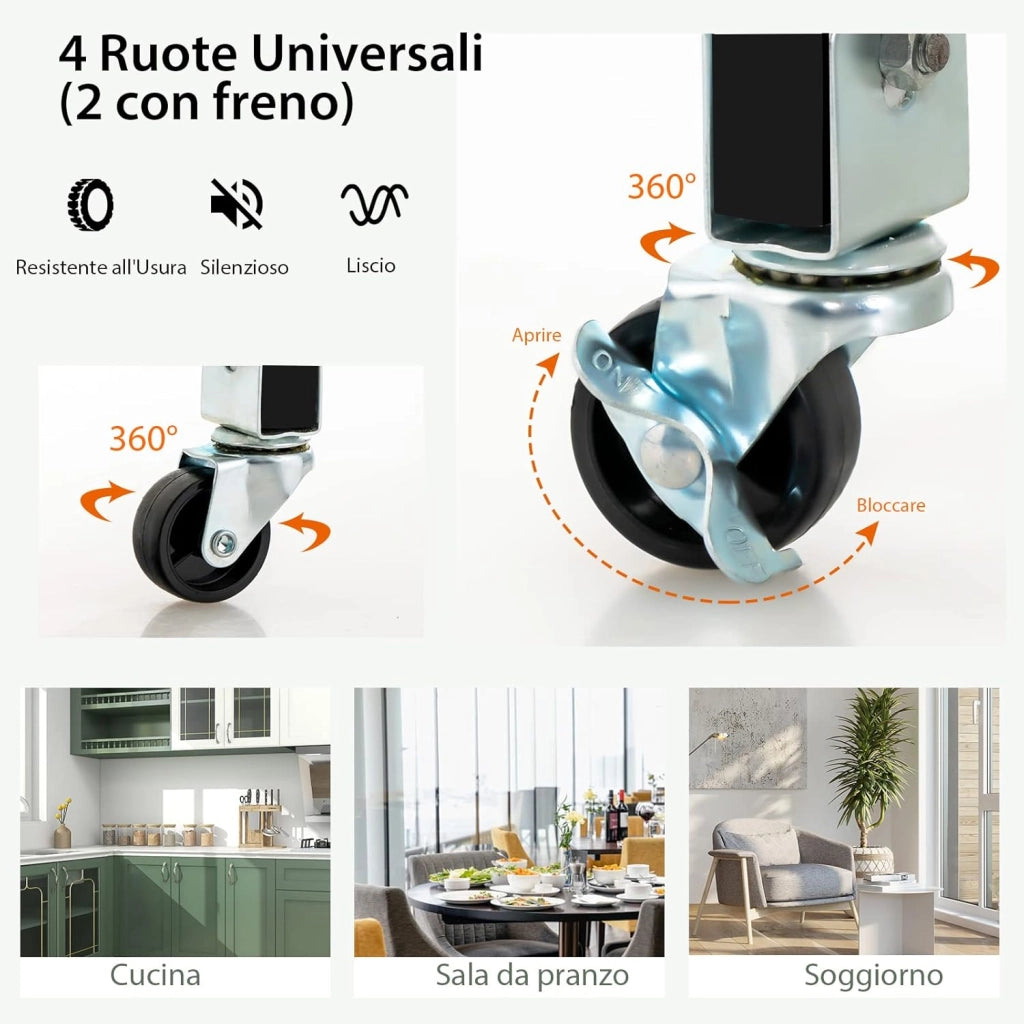 Carrello da Cucina con Ruote, Credenza Cucina con 4 Ripiani e 3 Cassetti, in Legno, Ideale per Cucina Ristorante e Bar, 67 x 37 x 83,5 cm (Nero)
