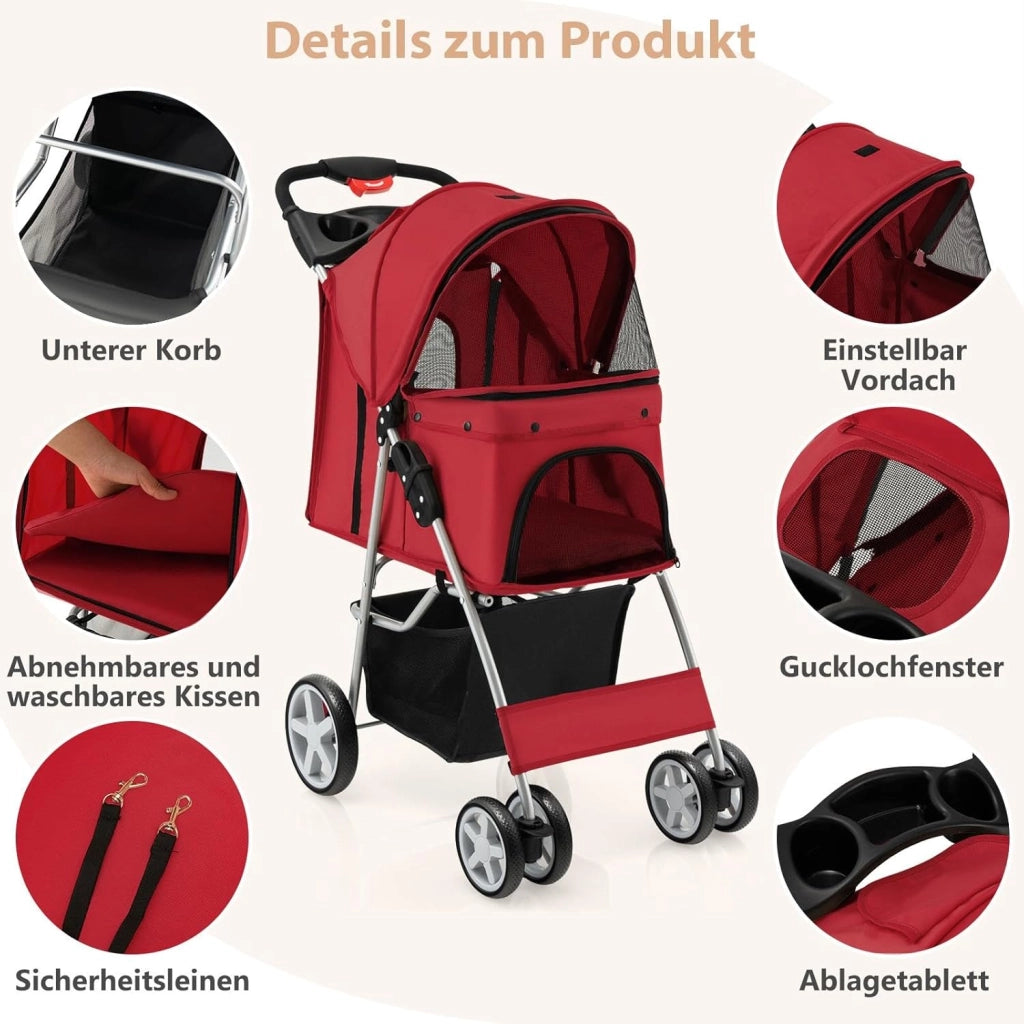 Passeggino per Cani e Gatti Pieghevole Fino 15 kg, Carrello per Animali Domestici, Trasportino Carrozzina Portatile da Viaggio e Passeggio con Tettuccio per Cuccioli, 87 x 46 x 102 cm (Rosso)