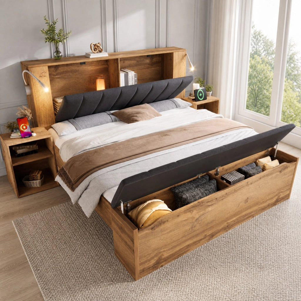 Letto matrimoniale 180x200 cm in effetto legno rovere con testiera reclinabile, lampade LED USB, comodini e panca contenitore