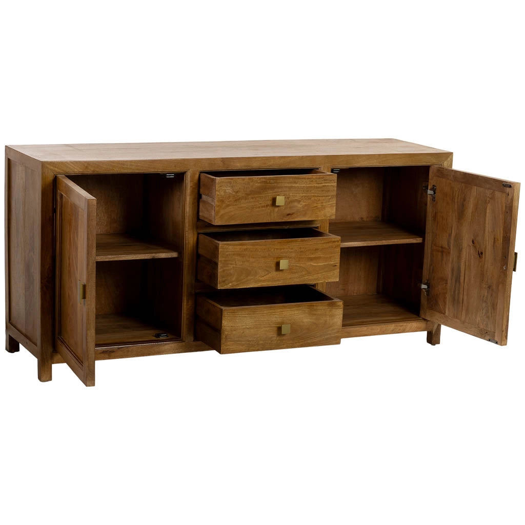 Credenza in legno marrone con 3 cassetti e 2 ante, 160x43x75h cm