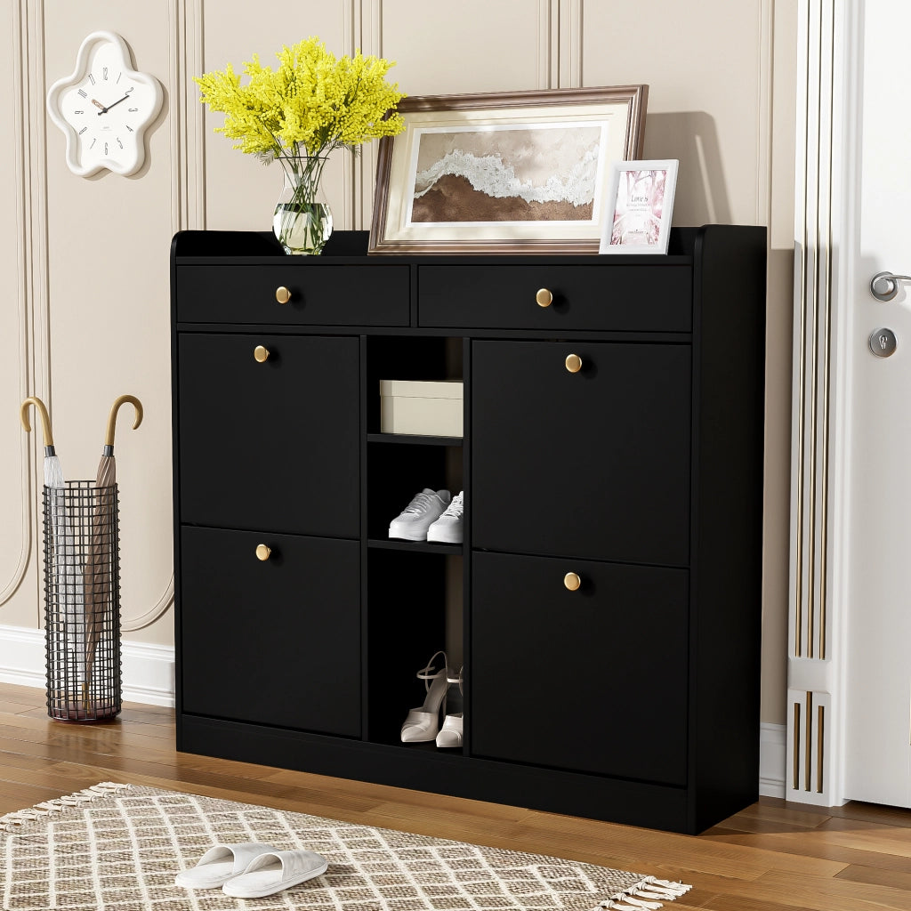 Mobile Scarpiera con 4 Ante a Ribalta; 2 Cassetti e 3 Vani a Giorno; Stile Minimalista; in Pannello truciolare; Nero; 110×26×100 cm