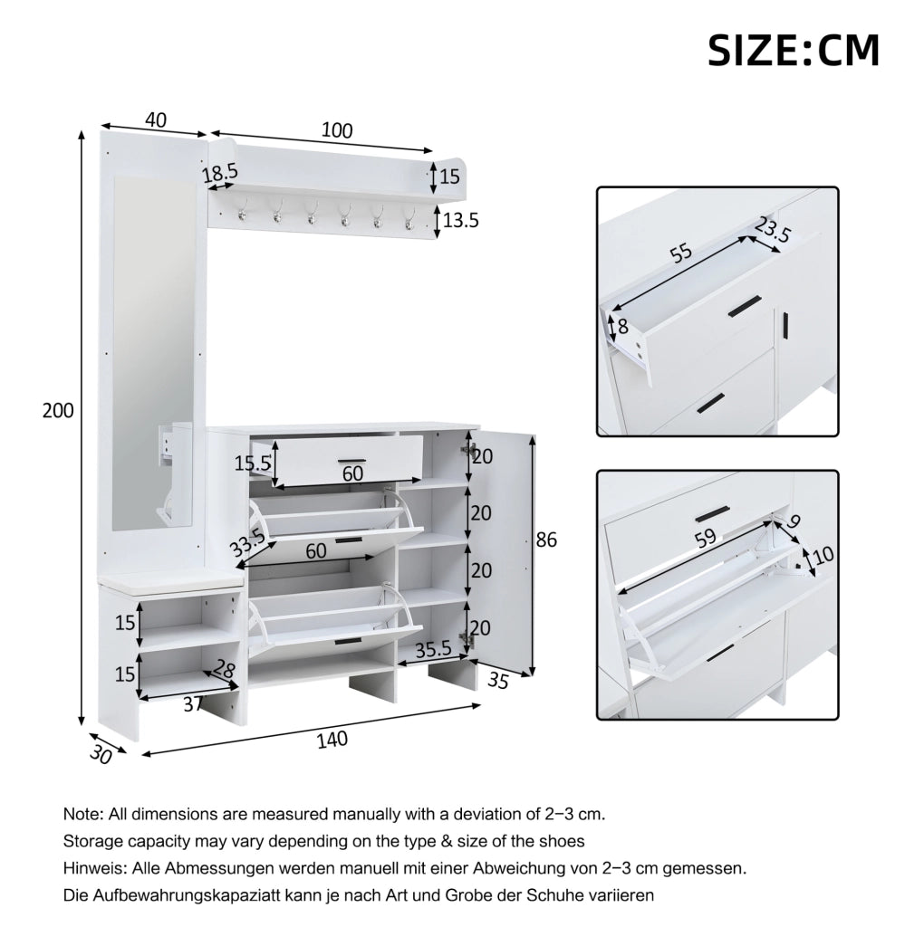 Mobile ingresso multifunzione 140x30x200 cm con specchio; scarpiera; ganci e panca; bianco