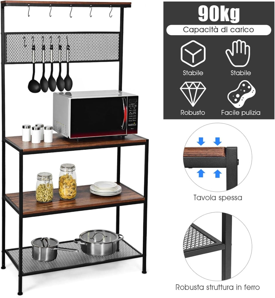 Scaffale per Panetterie con 4 Ripiani, Mobile per Microonde con 11 Ganci, per Cucina