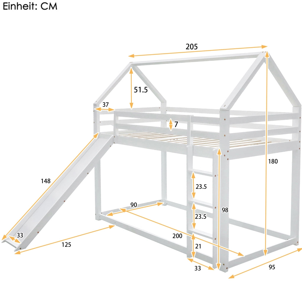 Letto a castello 90x200 cm a forma di casa con scivolo e scala in legno bianco