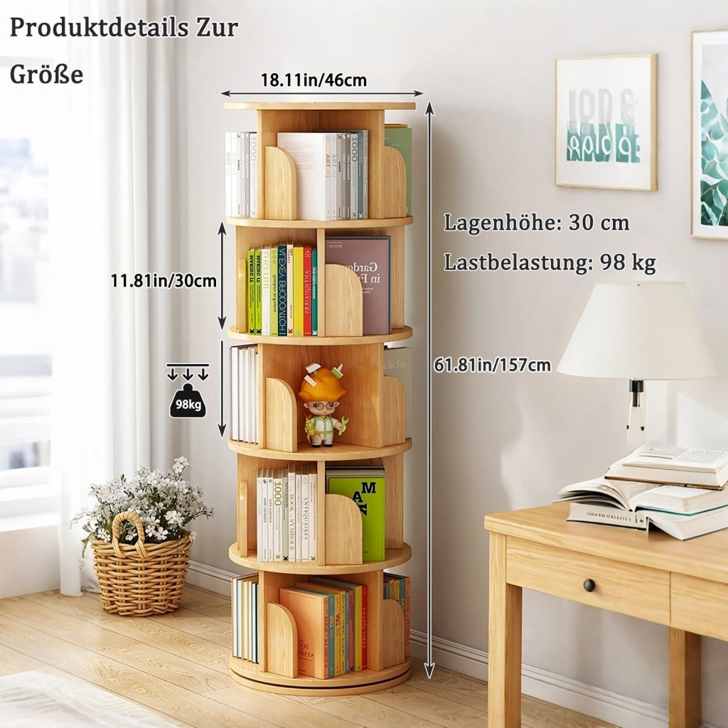 Libreria girevole a 360° in MDF, salvaspazio, colore legno
