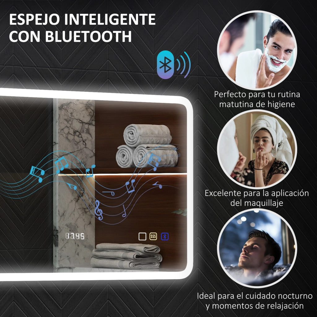 Specchio da Bagno con LED e Bluetooth ¨C zephmum ¨C 70x50 cm, Bianco, 3 Colori, Antivaho