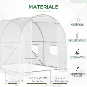 Serra a Tunnel 300x200x190 cm con 4 Finestrelle e Ingresso a Zip Acciaio Zincato e PE Bianco
