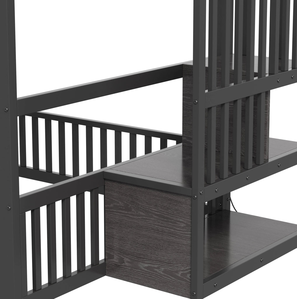 Letto a castello basso 140x200 cm con scala contenitore e LED; nero