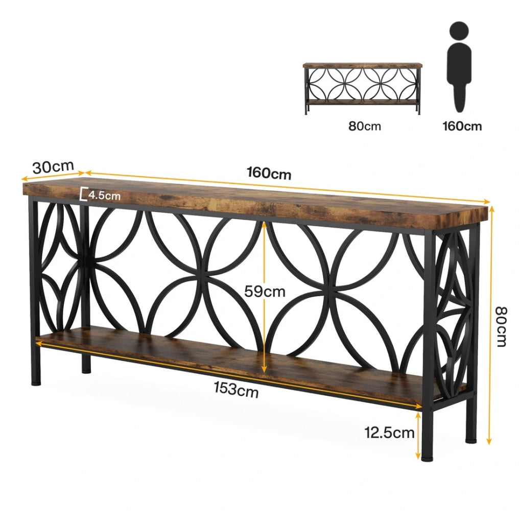 Tavolo consolle industriale con ripiani aperti 160x29;5x80 cm nero e marrone rustico