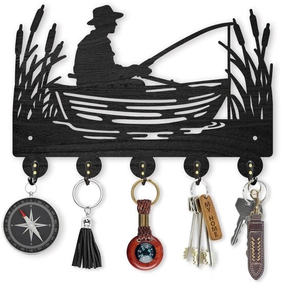 Sostegno per Chiavi in Legno della Barca da Pesca - Braccio di Sostegno per Parete - 5 Ganci - Nero - 30 x 20 cm - Design Marittimo - Ganci