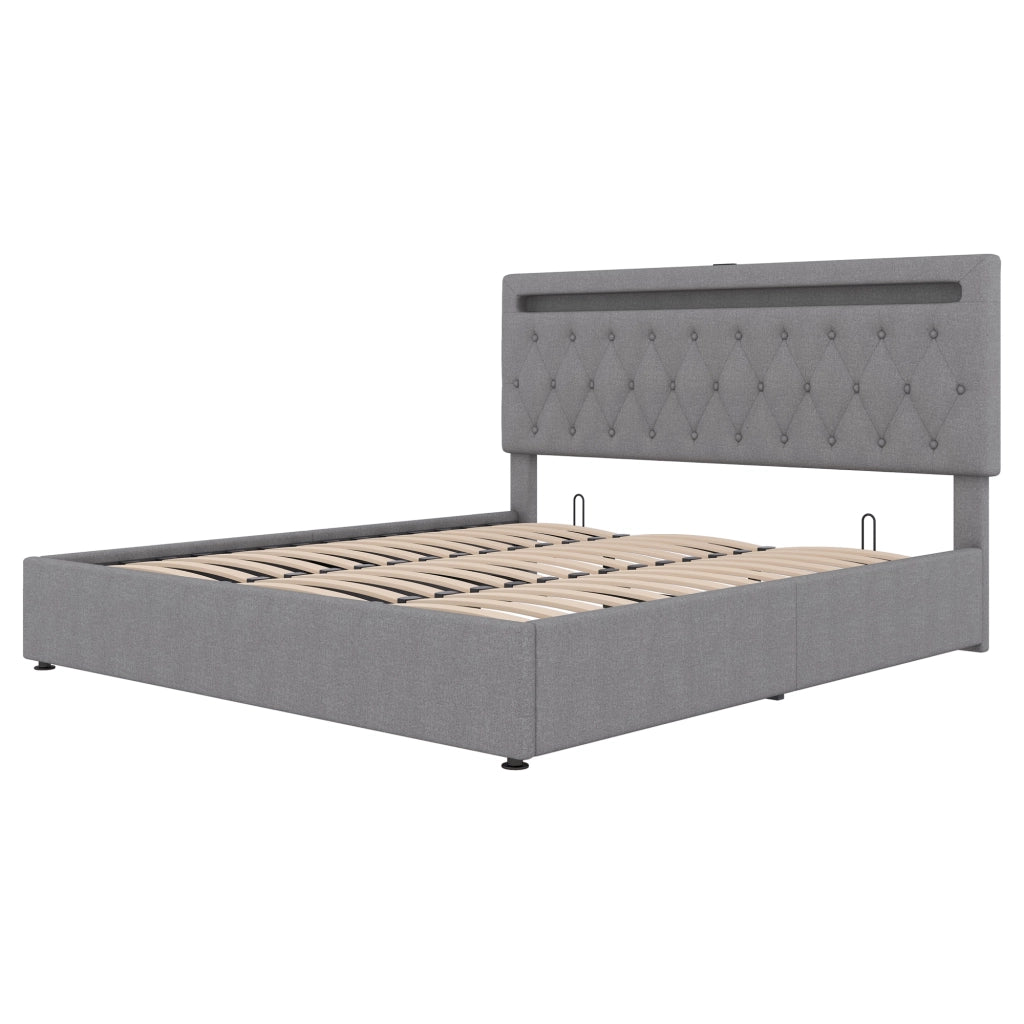 Letto Contenitore Matrimoniale 180x200 cm; USB; LED Regolabile; in Lino; Grigio