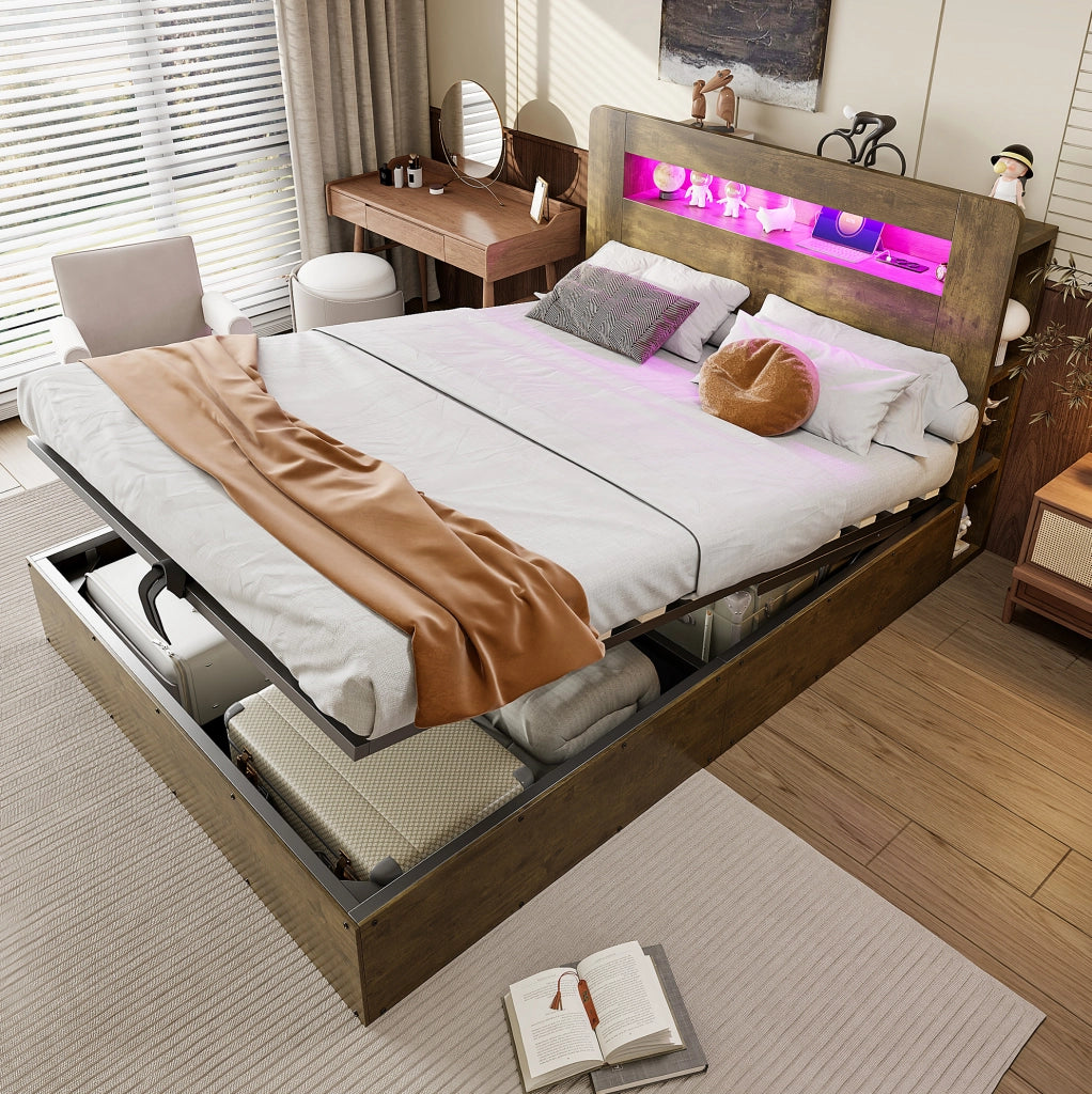 Letto contenitore 140x200 in legno con testiera LED e prese integrate