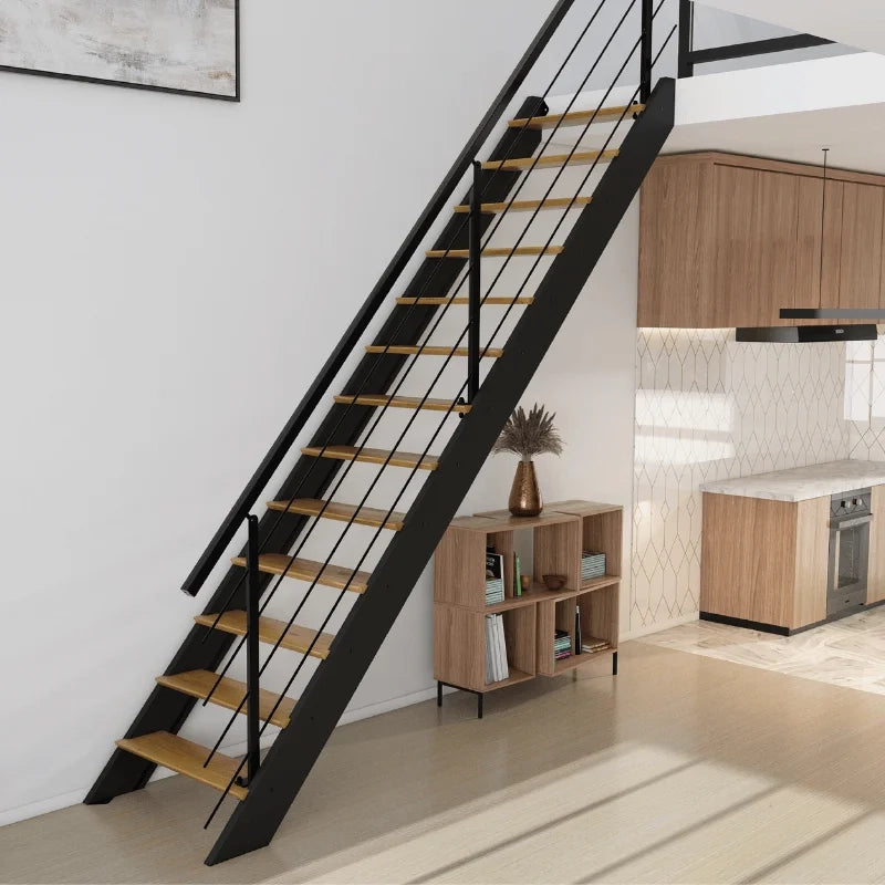 DIVERSO - Scala dritta in legno con LED integrati, nera con balaustra